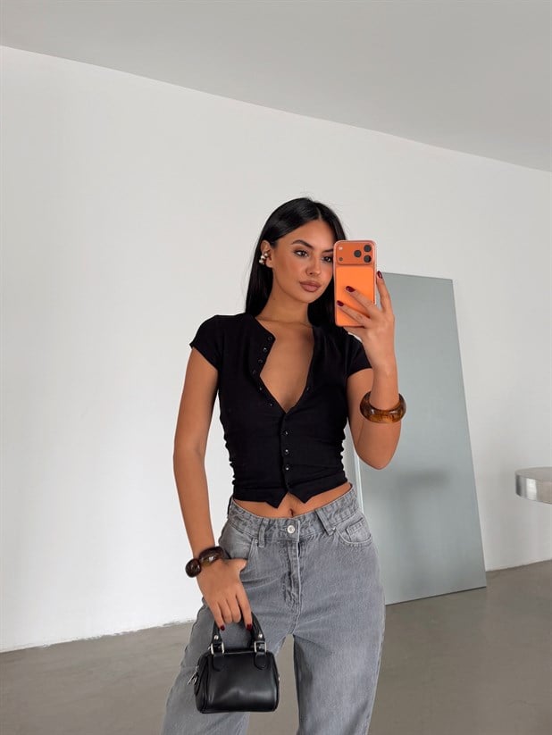 Full Düğmeli Fitilli Basic Bluz - Siyah