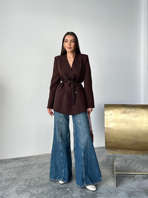 Deri Kemerli Blazer Ceket - Kahve