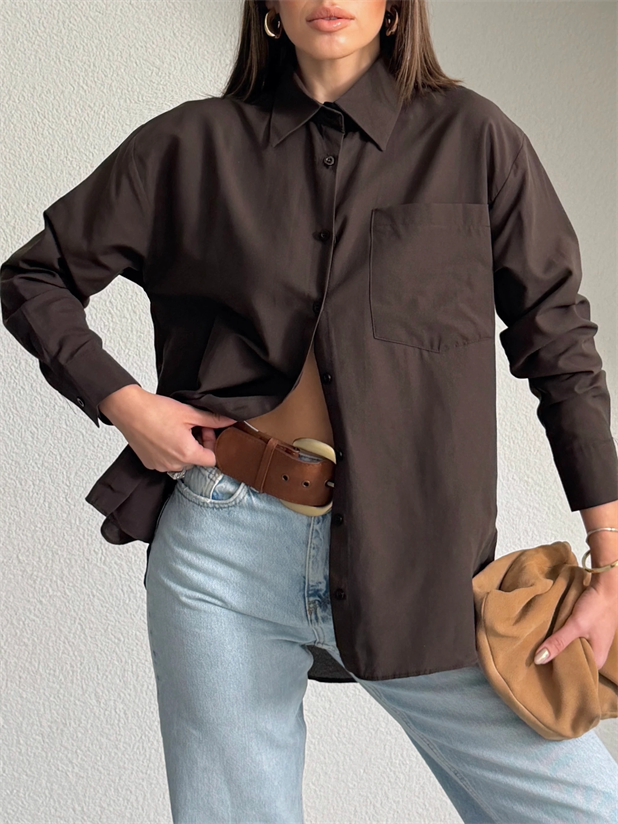 Tek Cep Boyfriend Gömlek - Kahve