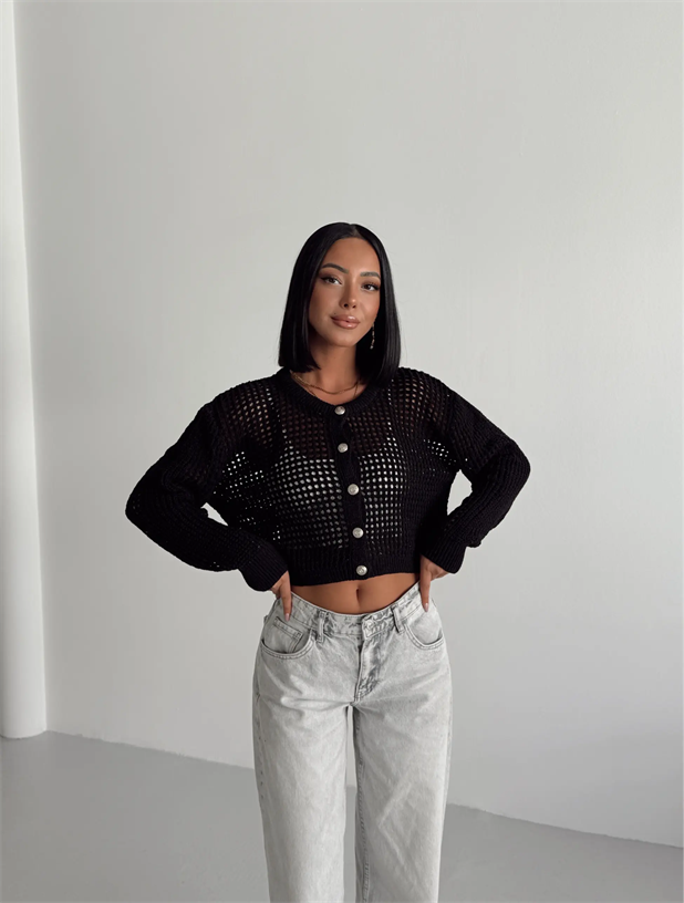 Simli Crop Hırka  - Siyah