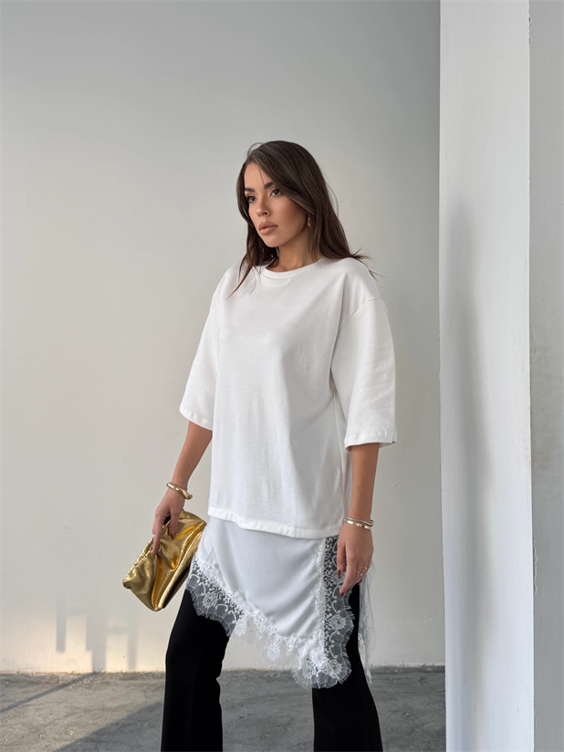 Dantel Detaylı Oversize Basic - Ekru