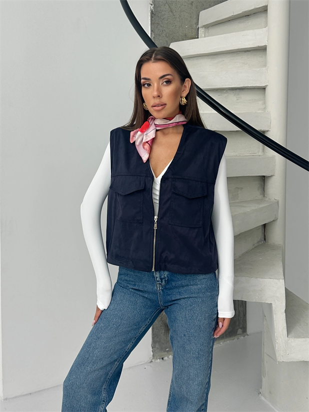 Cep Detay Nubuk Yelek - Lacivert