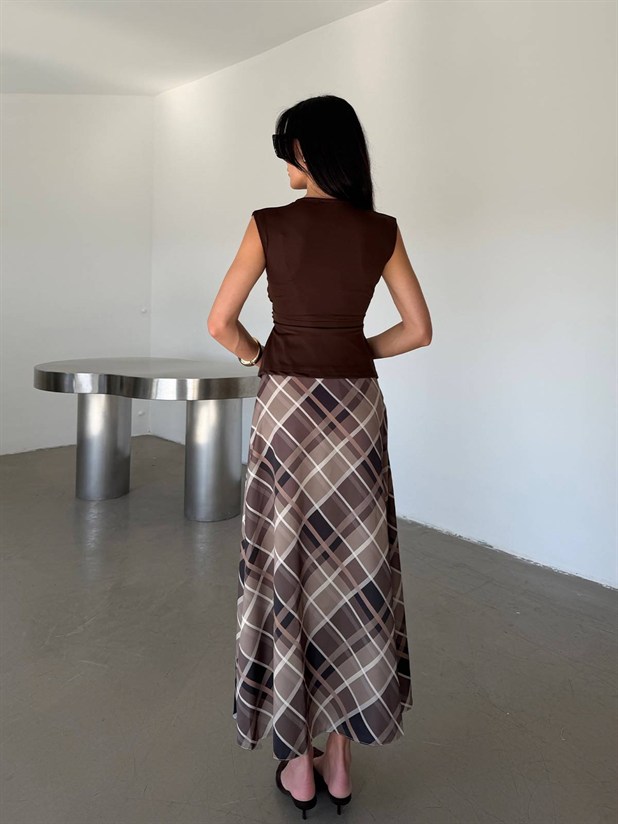 Geometrik Desenli Saten Etek - Haki