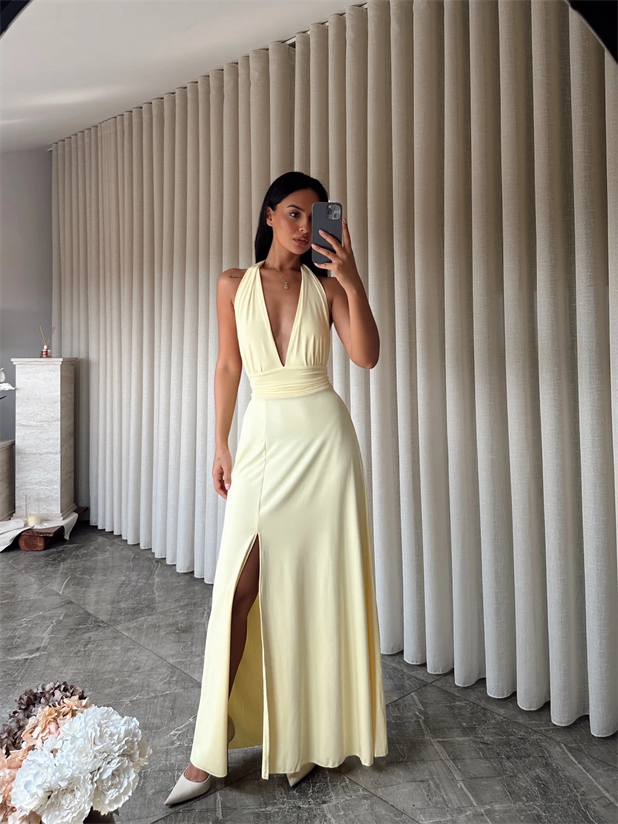 Bel Ve Boyun Bağlamalı Elbise - Sarı