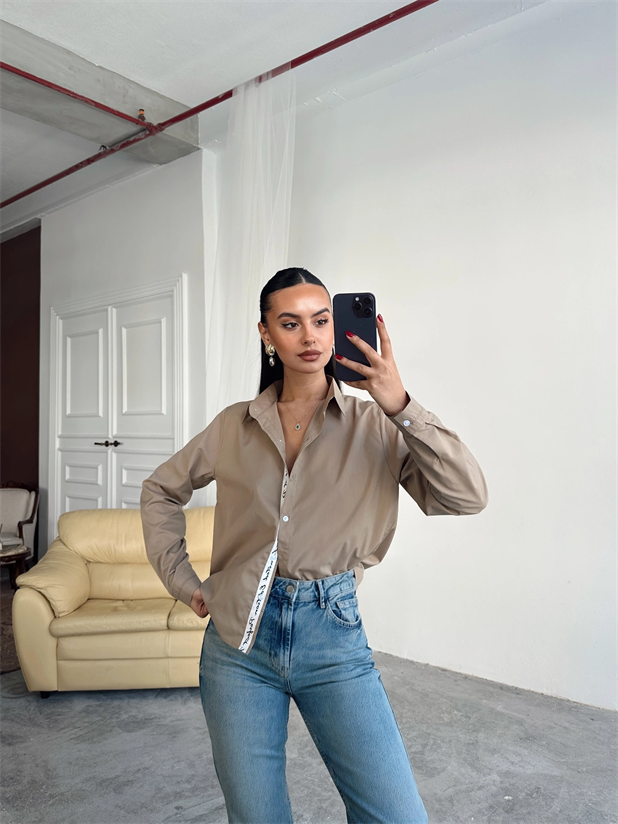 Kol Ve Pat Şerit Crop Gömlek - Camel