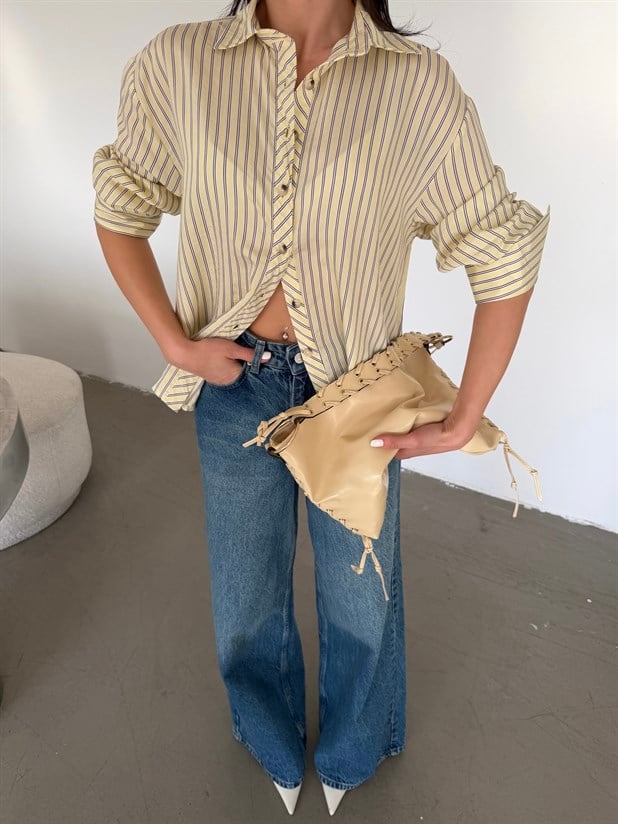 Çizgili Kol Manşet Detaylı Gömlek - Sarı