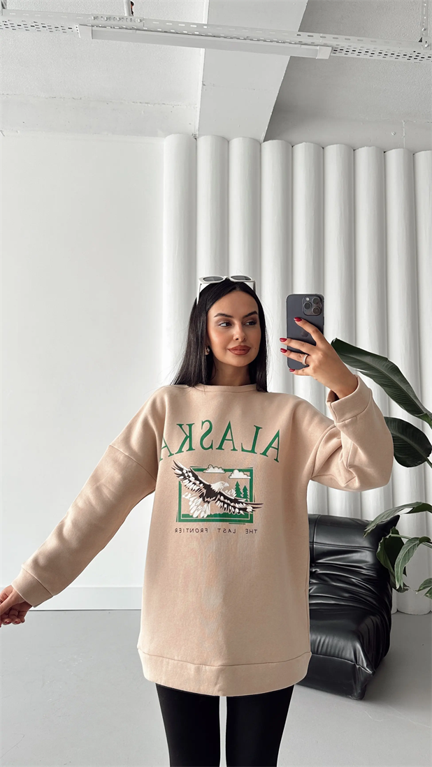 Alaska Üç İplik Şardonlu Oversize Sweat Vizon - Vizon