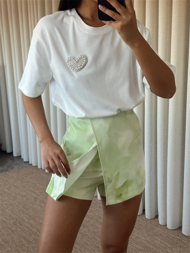 Çiçek Baskılı Mini Şort Etek - Mint