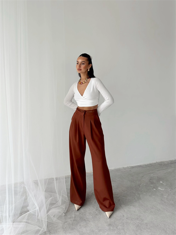 Kemeri Dantel Detaylı Palazzo Pantolon  - Kiremit