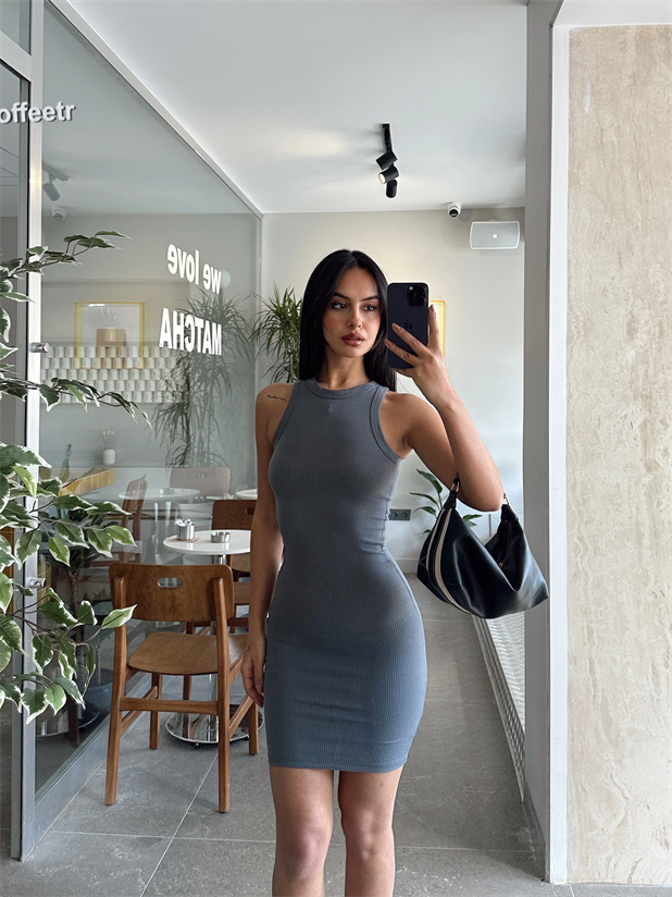 Halter Yaka Fitilli Elbise Füme - Füme