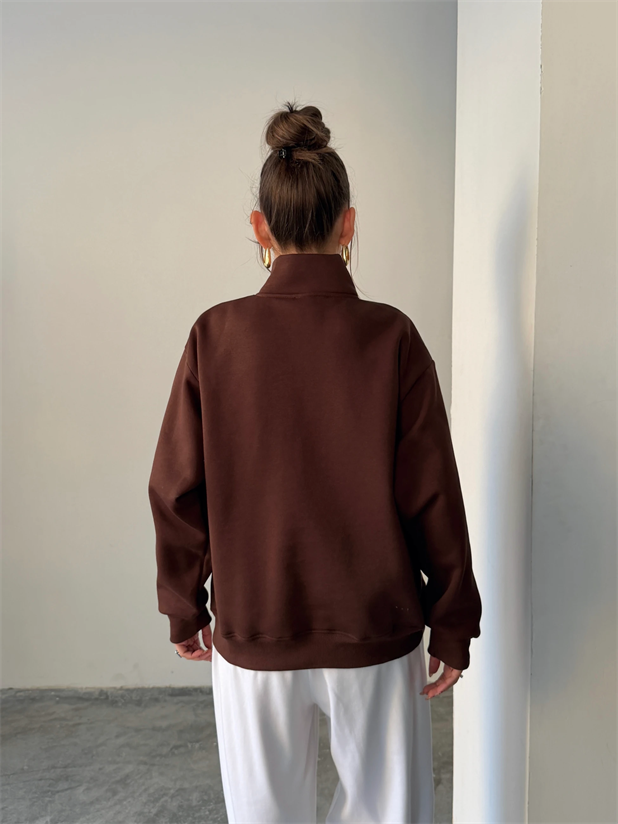 Sporty Yarım Fermuar Sweat - Kahve