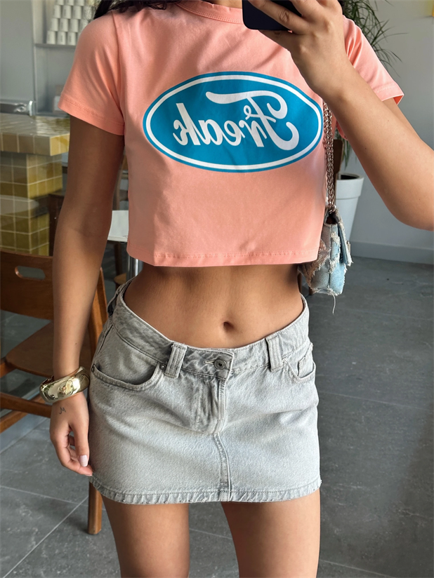 Freak Baskılı Crop Basic - Pembe