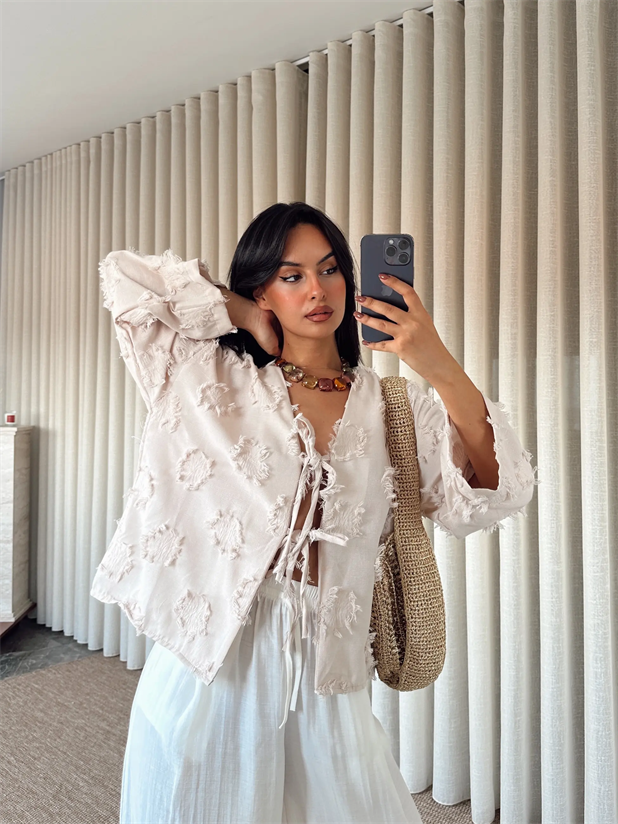 Püskül Detaylı Bağlamalı Kimono - Bej