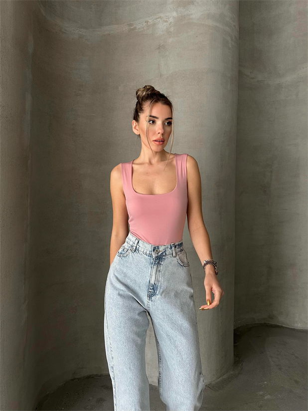 Hera Kare Yaka Bodysuit Pembe - Pembe