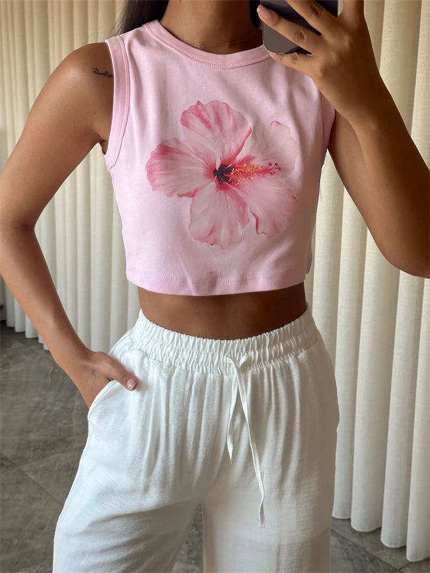 Çiçek Baskılı Crop - Pembe