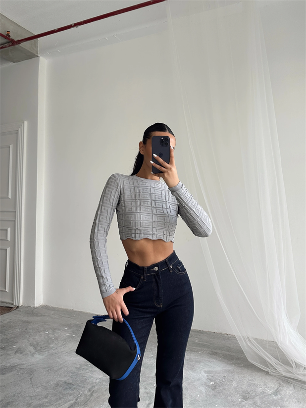 Labirent Desen Crop Triko Kazak Gri - Gri