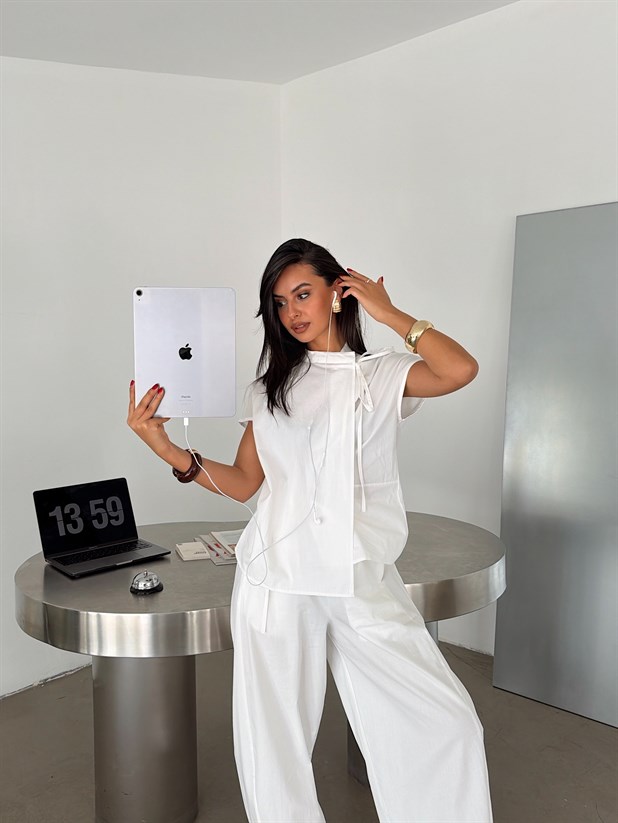 Poplin Balon Pantolon Takım - Beyaz