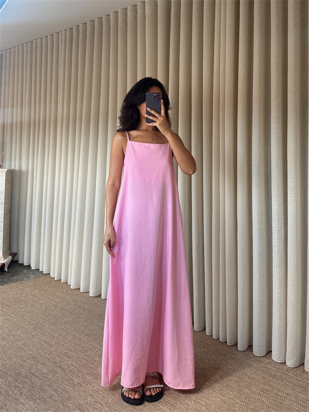 Cepli Keten Elbise - Pembe