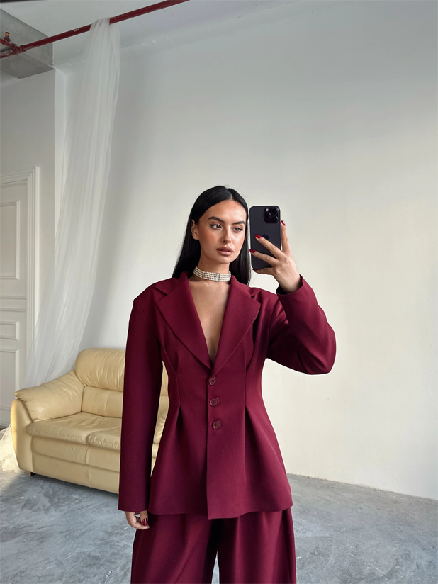 Pile Detay Oturtmalı Blazer Ceket  - Bordo