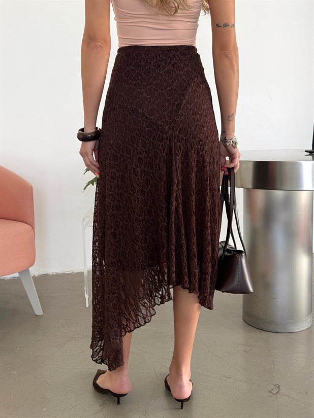 Asimetrik Dantel Etek - Kahve