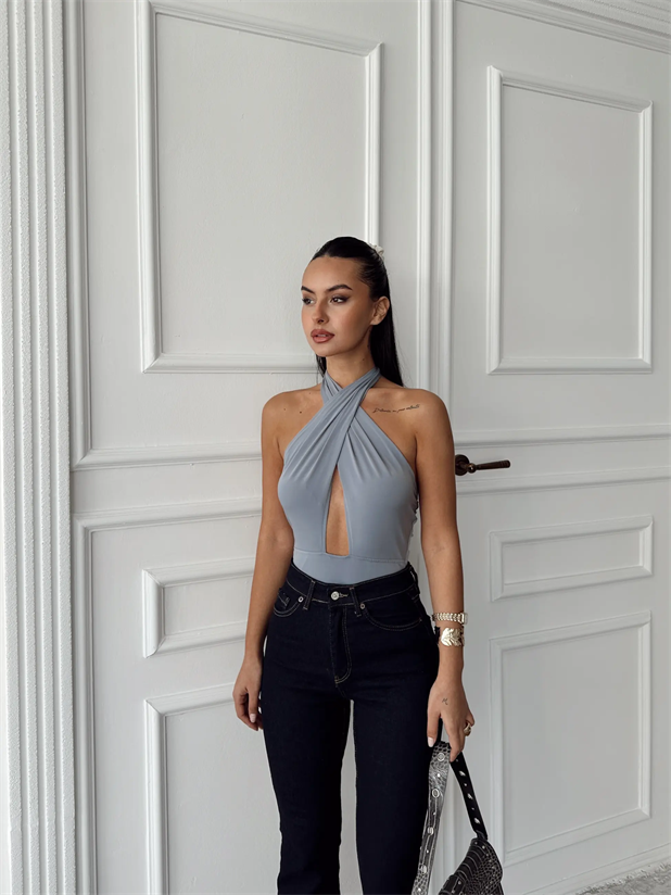 Belinde Boyundan Bağlamalı Bodysuit Gri - Gri