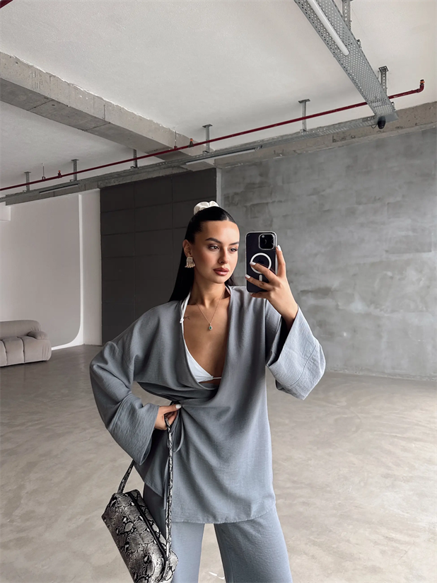 Belden Bağlamalı Keten Kimono Takım - Antrasit