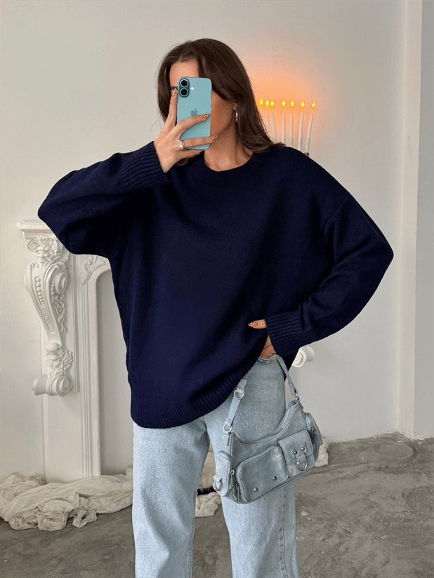 Yıkamalı Şardonlu Triko Kazak - Lacivert