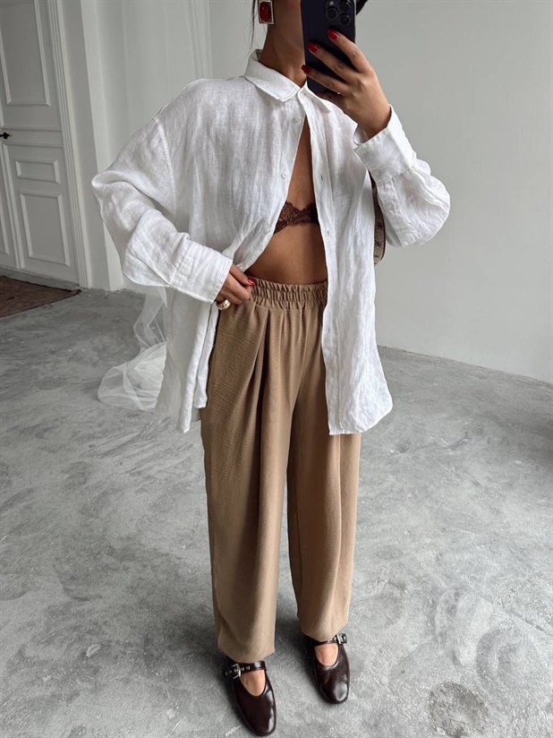 Beli Lastikli Şalvar Pantolon - Vizon