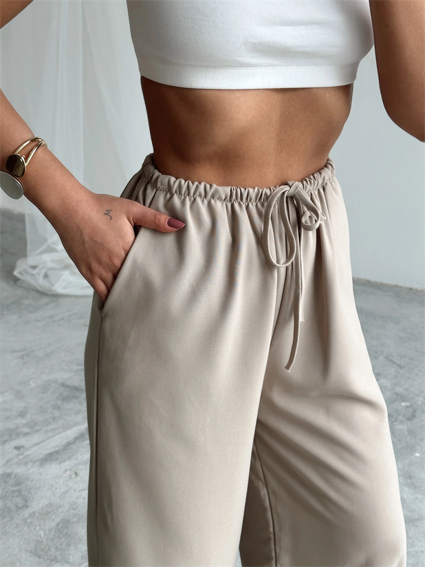 İnce Kemerli Salaş Pantolon - Taş