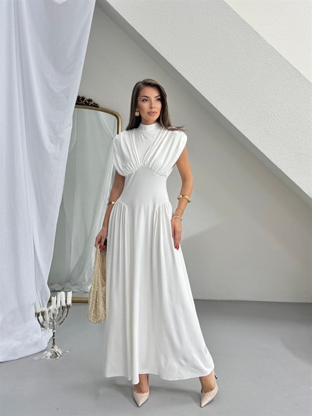 Korse Detaylı Drapeli Elbise - Ekru