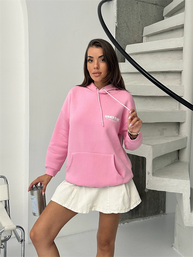 Baskılı Kapüşonlu Oversize Sweat - Pembe