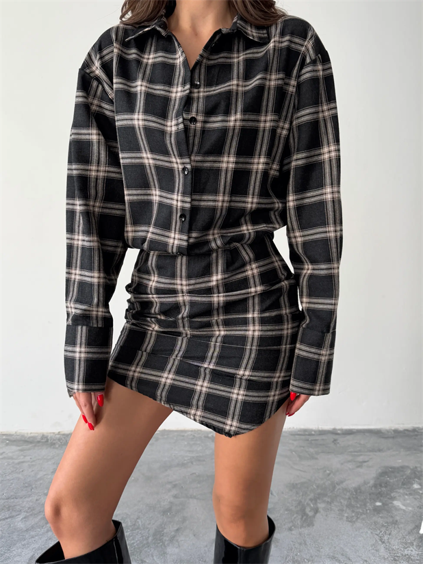 Ekose Gömlek Elbise  - Siyah