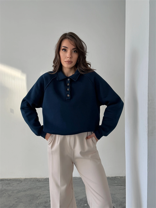 Polo Yaka Düğmeli Sweatshirt - Lacivert