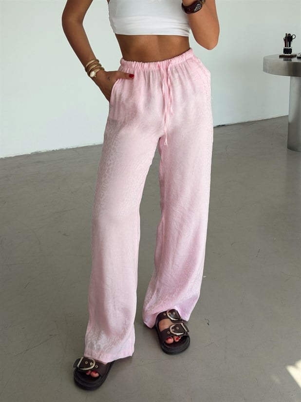 Desenli Parlak Keten Pantolon - Pembe