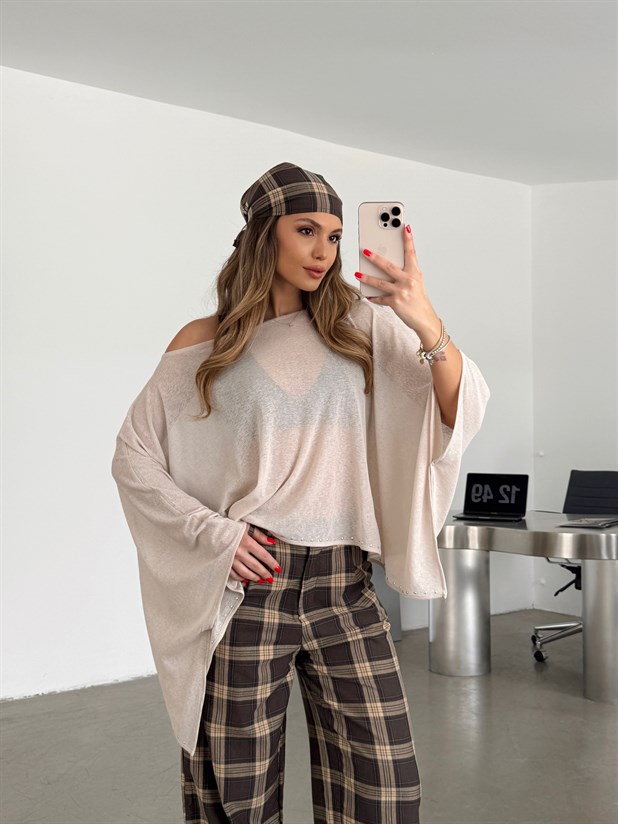 Altı Zımbalı Yarasa Bluz - Taş