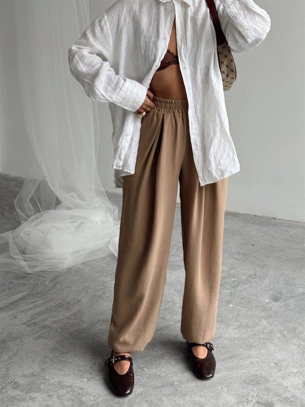 Beli Lastikli Şalvar Pantolon - Vizon