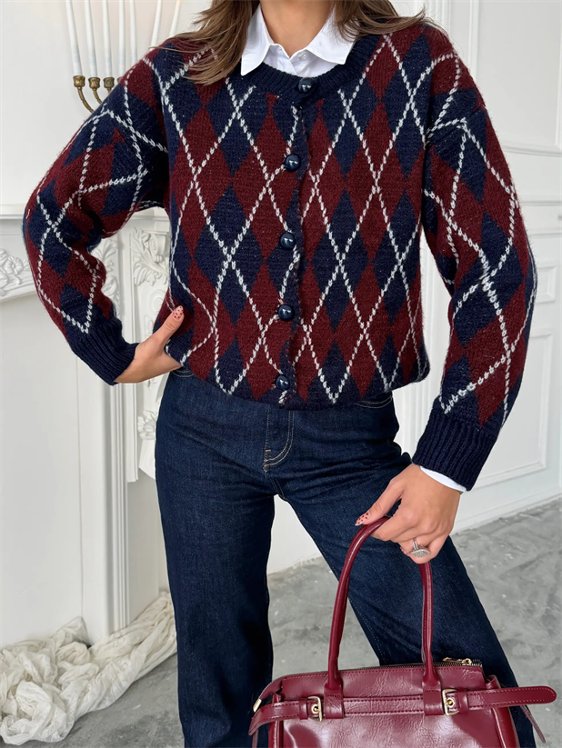 Bisiklet Yaka Baklava Desenli Hırka - Lacivert