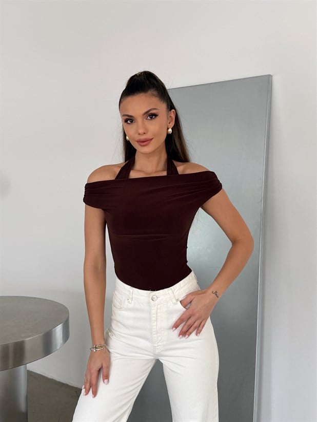 Madonna Yaka İçten Atletli Bluz - Kahve