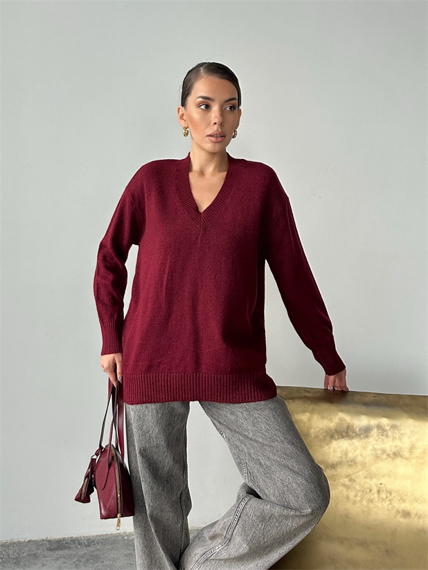 V Yaka Ribanalı Triko Kazak - Bordo