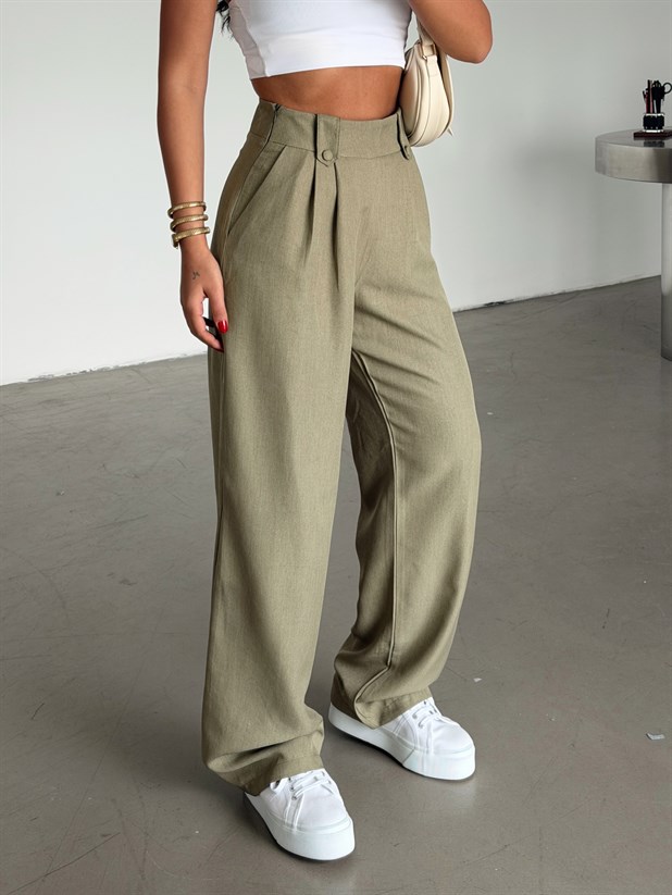 Apoletli Keten Palazzo - Haki