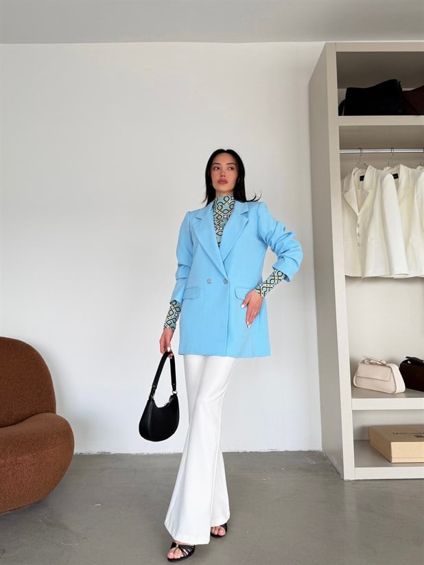 Çift Düğme Oversize Blazer  - Bebe Mavi