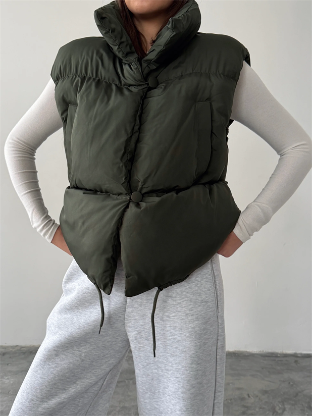 Düğmeli Yan Cep Detay Şişme Yelek - Haki