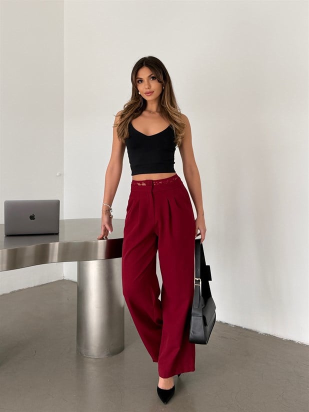 Kemeri Dantel Detaylı Palazzo Pantolon  - Bordo