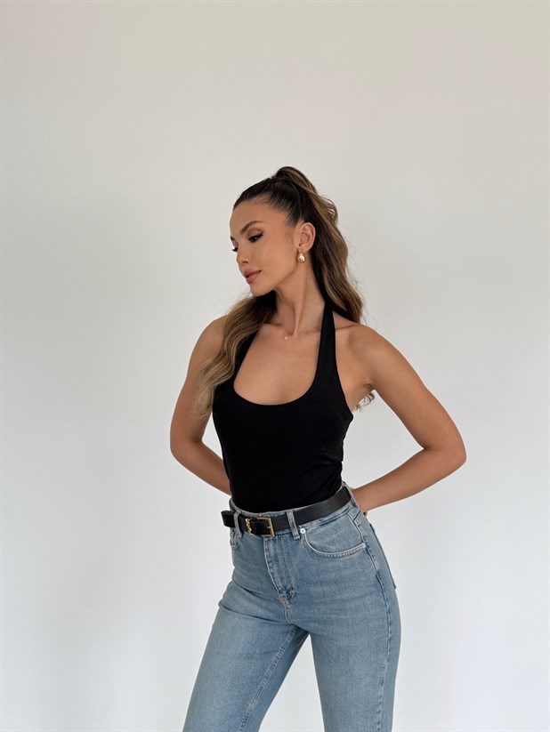 Boyundan Geçmeli Göğüs Pedli Bluz - Siyah