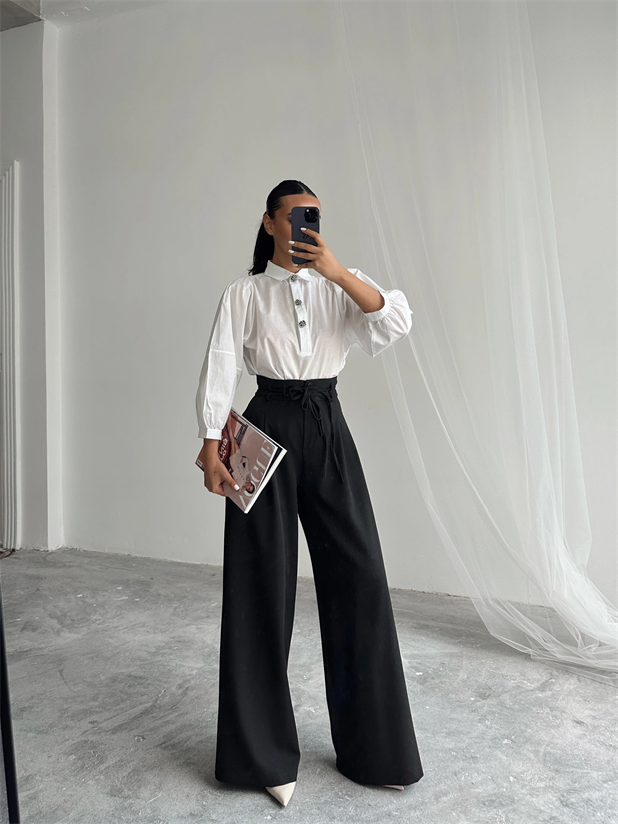 Beli İp Ve Lastikli Palazzo - Siyah