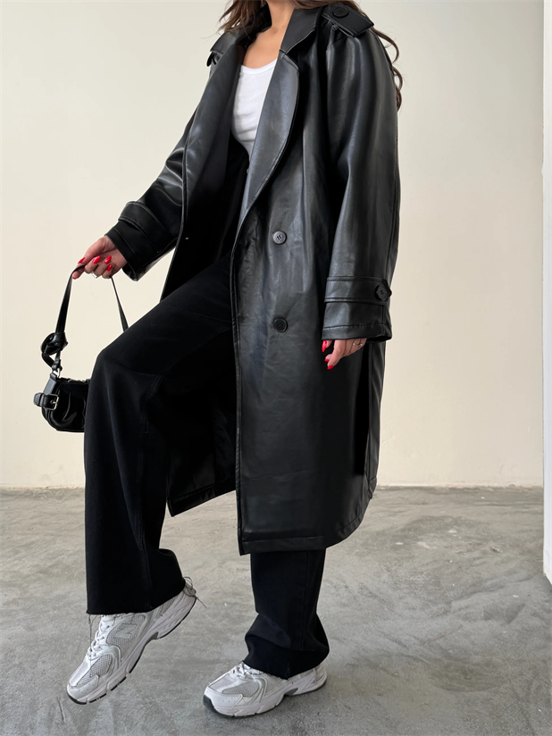 Apolet Detaylı Deri Trençkot - Siyah