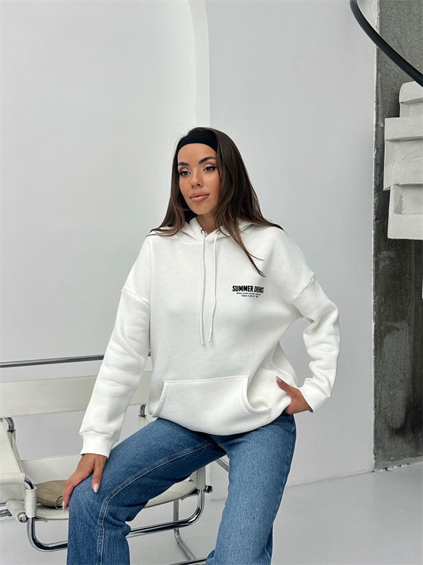 Baskılı Kapüşonlu Oversize Sweat - Beyaz