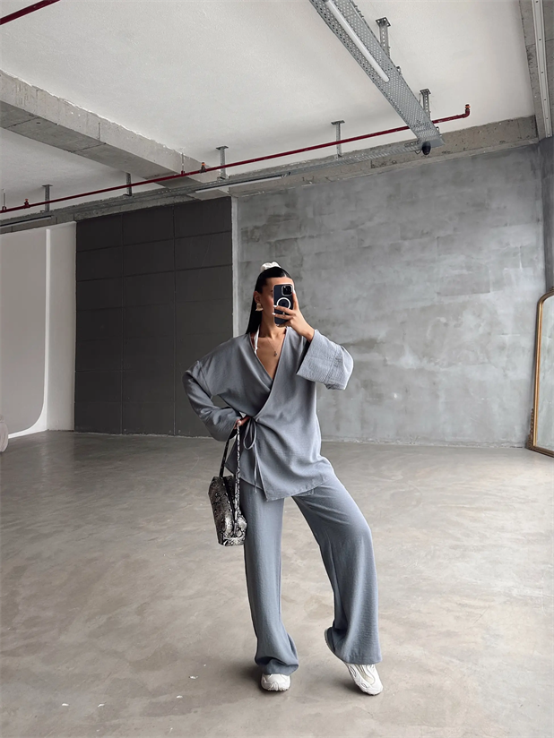 Belden Bağlamalı Keten Kimono Takım - Antrasit