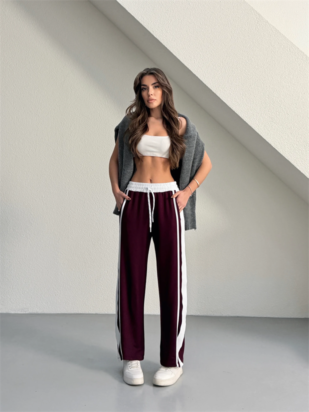 Yan Şerit Bol Paça Eşofman - Bordo