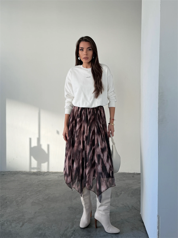 Beli Lastikli Asimetrik Şifon Etek - Ebruli